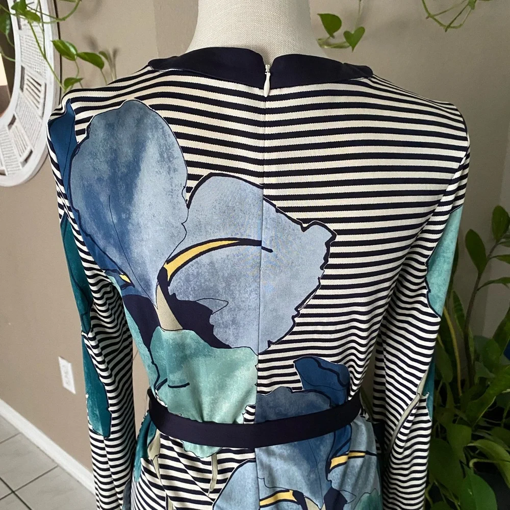 Tory Burch Silk LKNW Dress Long Sleeve Striped Floral Print Large Belted